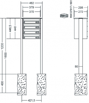 RENZ Briefkastenanlage freistehend, Basic B, Kastenformat 370x110x270mm, 4-teilig, zum Einbetonieren